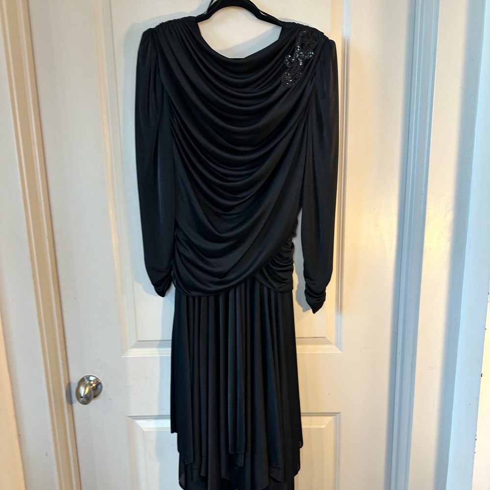 Vintage80s Filigree Stretch Black Beaded Shoulder Draped Ruched WhimsyGoth Dress